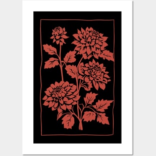 Red Dahlia Flowers Minimalist Block Print Posters and Art